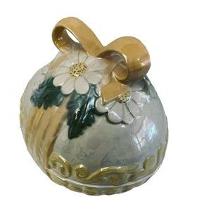 Ceramic Easter Egg Bow Flowers Lidded Dish Trinket Box Hand painted 6 1/3" x 4 1